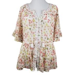 J. Jill Floral Women's Flounce Romantic Floral Top tassels embroidered button